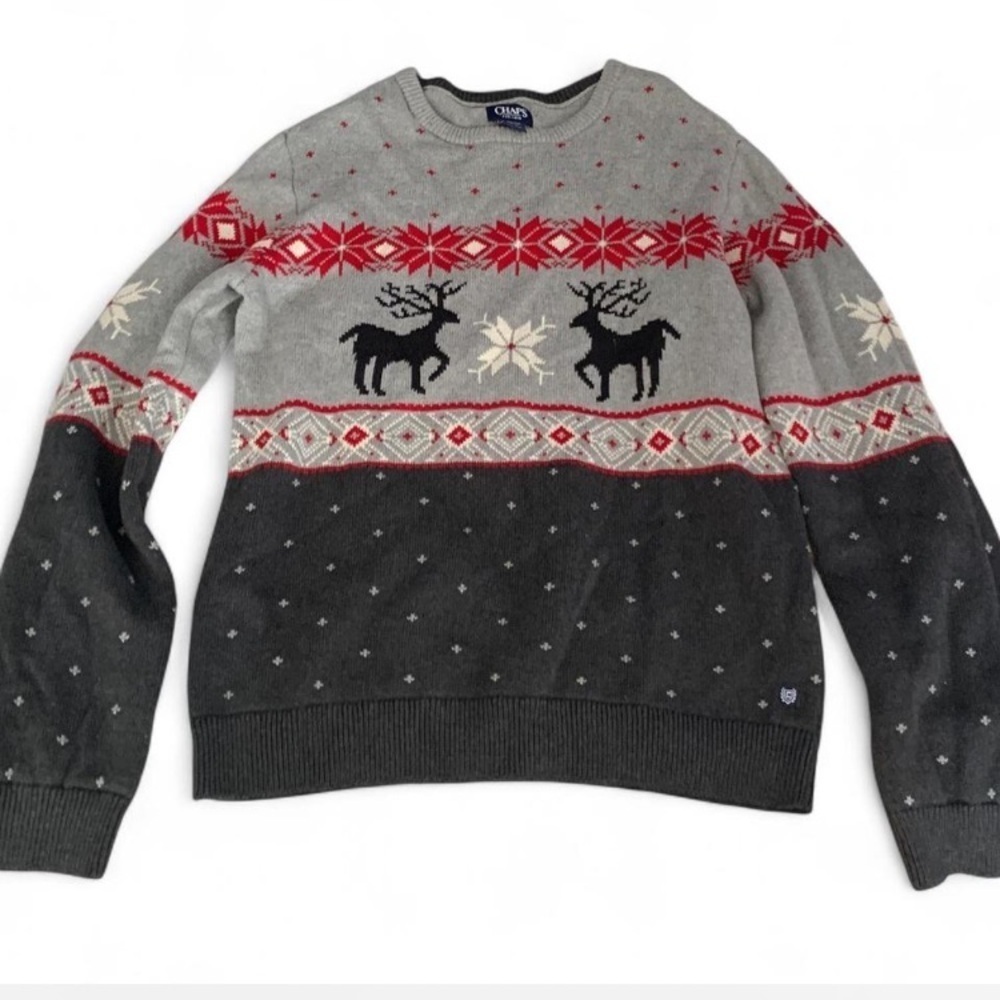 Chaps fair isle reindeer snowflake gray red holiday sweater boys XL 18-20 NWOT